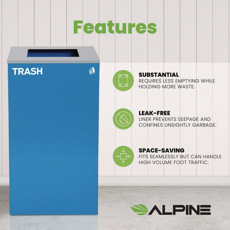Alpine Industries 29 Gallon Trash/Recycling Cans, Steel, Blue Trash Can with Square Lid (ALH4450KITBLUST) Each