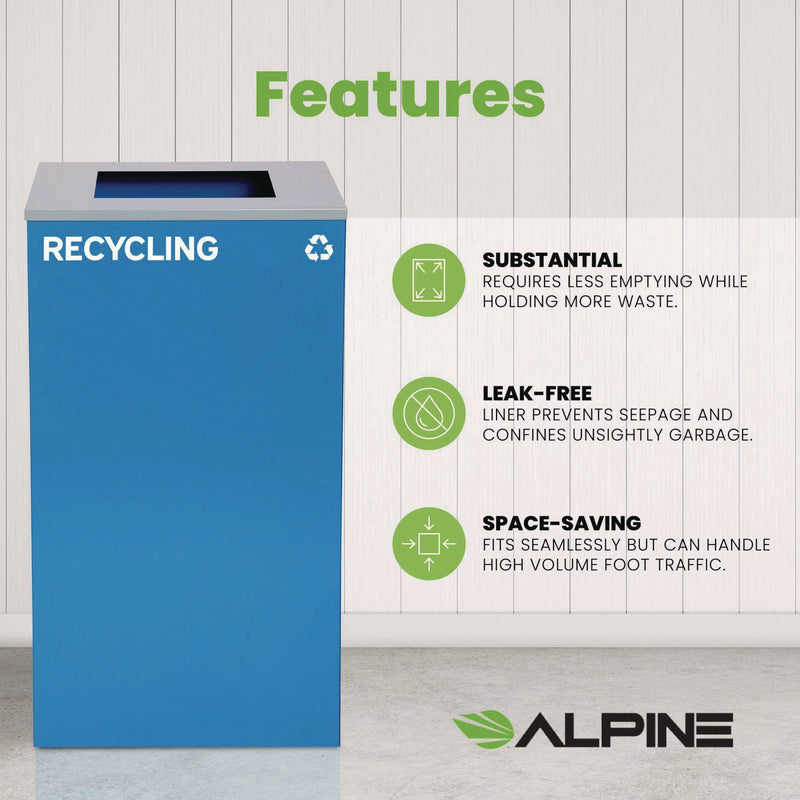 Alpine Industries 29 Gallon Trash/Recycling Cans, Steel, Blue Recycling Can with Square Lid (ALH4450KITBLUSR) Each