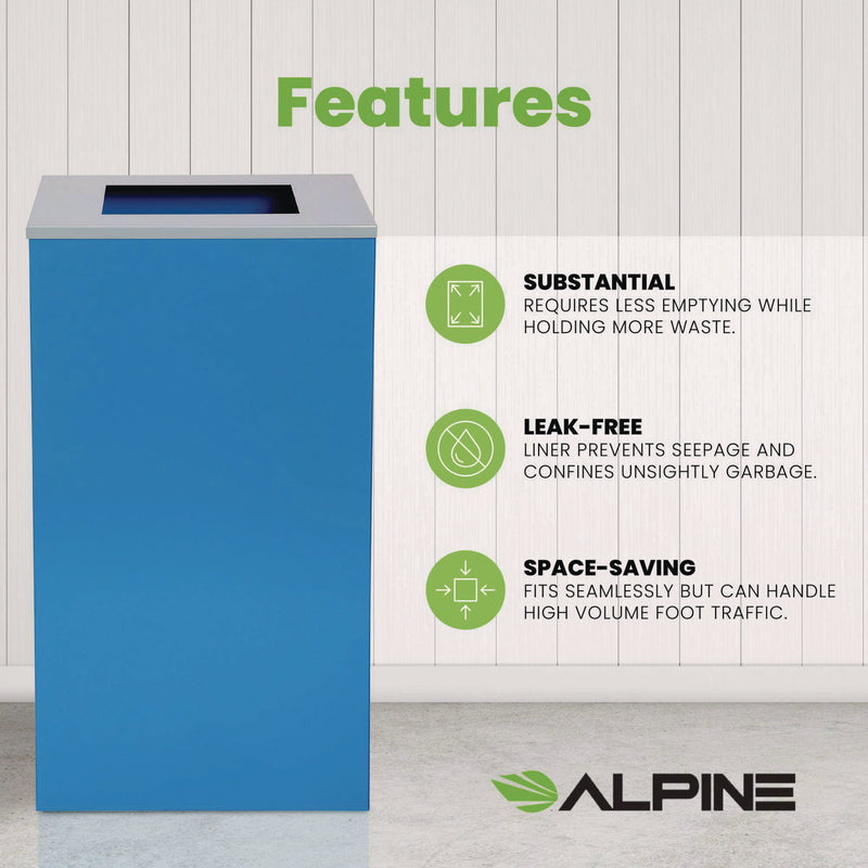 Alpine Industries 29 Gallon Trash/Recycling Cans, Steel, Blue Can with Square Lid (ALH4450KITBLUS) Each