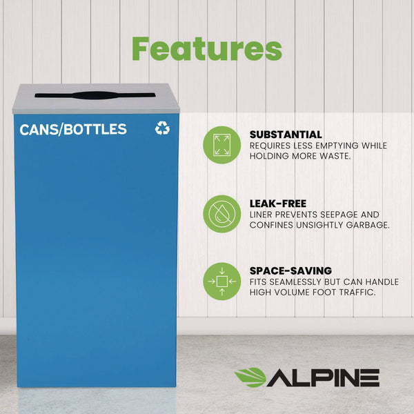 Alpine Industries 29 Gallon Trash/Recycling Cans, Steel, Blue Cans/Bottles Recycling Can with Mixed Lid (ALH4450KITBLUMC) Each