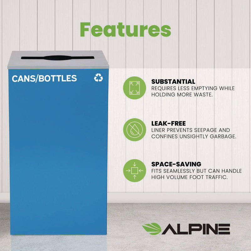 Alpine Industries 29 Gallon Trash/Recycling Cans, Steel, Blue Cans/Bottles Recycling Can with Mixed Lid (ALH4450KITBLUMC) Each