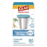 Glad® Small Kitchen Drawstring Trash Bags, 4 gal, Beachside Breeze Scent, 0.5 mil, 18" x 17", Blue, 80/Box (CLO79155) Box of 80