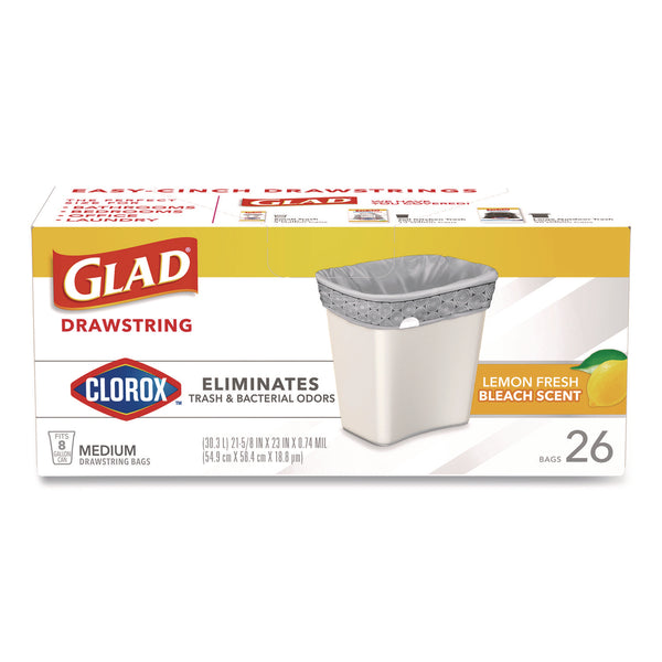 Glad® Medium Drawstring Trash Bags with Clorox, 8 gal, Lemon Fresh Bleach Scent, 0.74 mil, 23" x 21.63", Gray, 26/Box (CLO79316) Box of 26