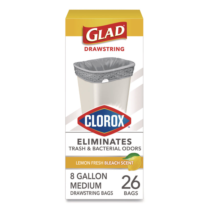 Glad® Medium Drawstring Trash Bags with Clorox, 8 gal, Lemon Fresh Bleach Scent, 0.74 mil, 23" x 21.63", Gray, 26/Box (CLO79316) Box of 26