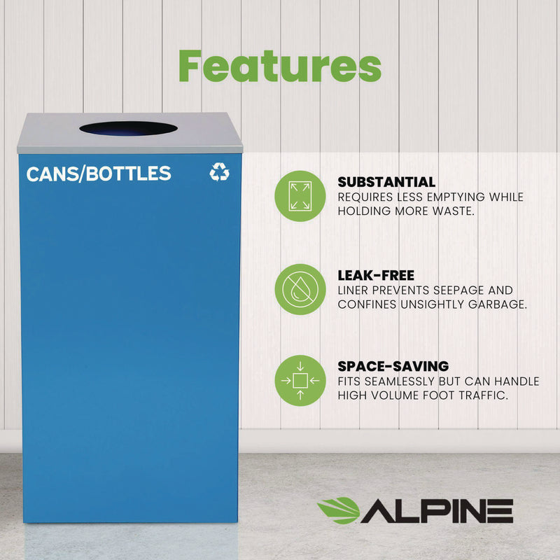 Alpine Industries 29 Gallon Trash/Recycling Cans, Steel, Blue Cans/Bottles Recycling Can with Circle Lid (ALH4450KITBLUCC) Each