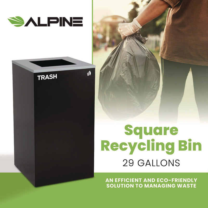 Alpine Industries 29 Gallon Trash/Recycling Cans, Steel, Black Trash Can with Square Lid (ALH4450KITBLKST) Each