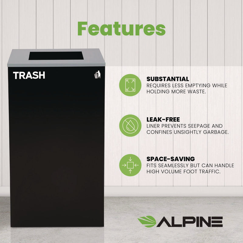 Alpine Industries 29 Gallon Trash/Recycling Cans, Steel, Black Trash Can with Square Lid (ALH4450KITBLKST) Each