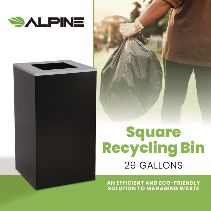 Alpine Industries 29 Gallon Trash/Recycling Cans, Steel, Black Can with Square Lid (ALH4450KITBLKS) Each