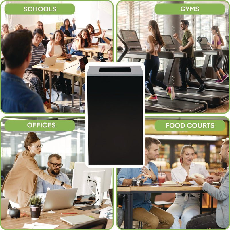 Alpine Industries 29 Gallon Trash/Recycling Cans, Steel, Black Can with Square Lid (ALH4450KITBLKS) Each