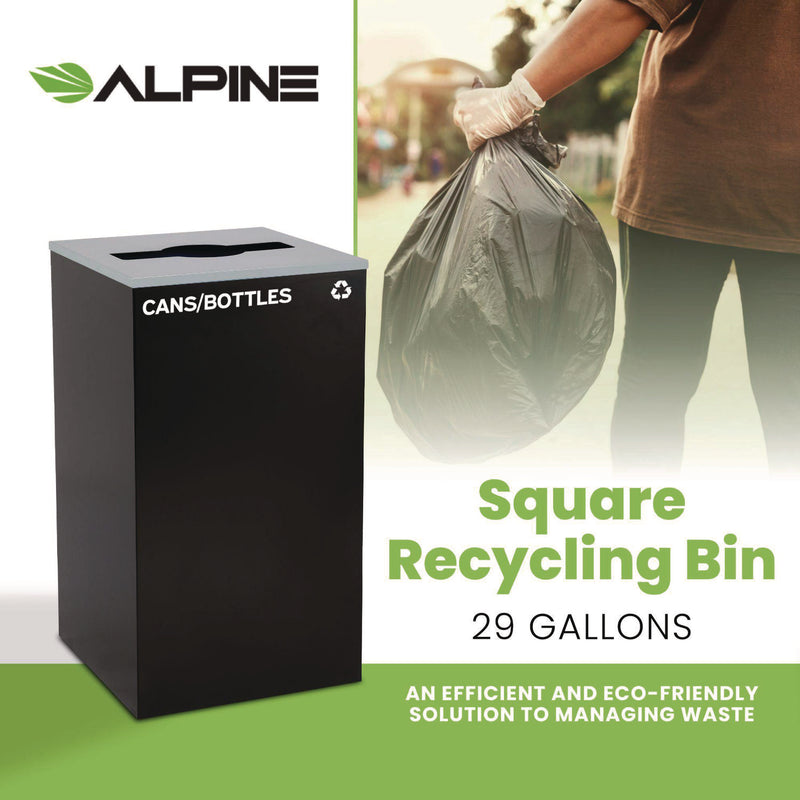 Alpine Industries 29 Gallon Trash/Recycling Cans, Steel, Black Cans/Bottles Recycling Can with Mixed Lid (ALH4450KITBLKMC) Each