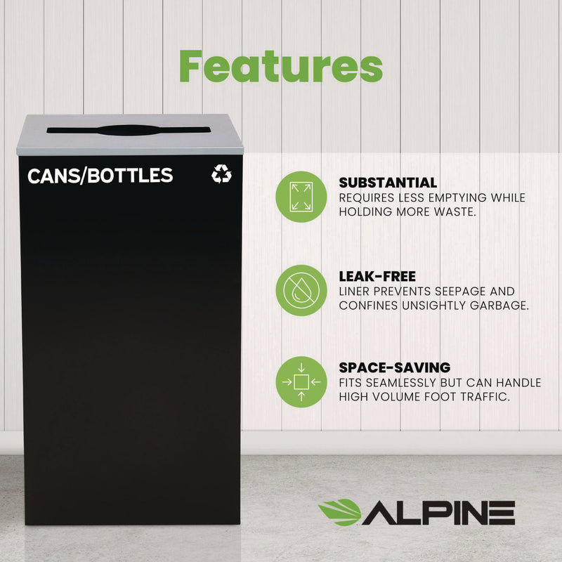 Alpine Industries 29 Gallon Trash/Recycling Cans, Steel, Black Cans/Bottles Recycling Can with Mixed Lid (ALH4450KITBLKMC) Each
