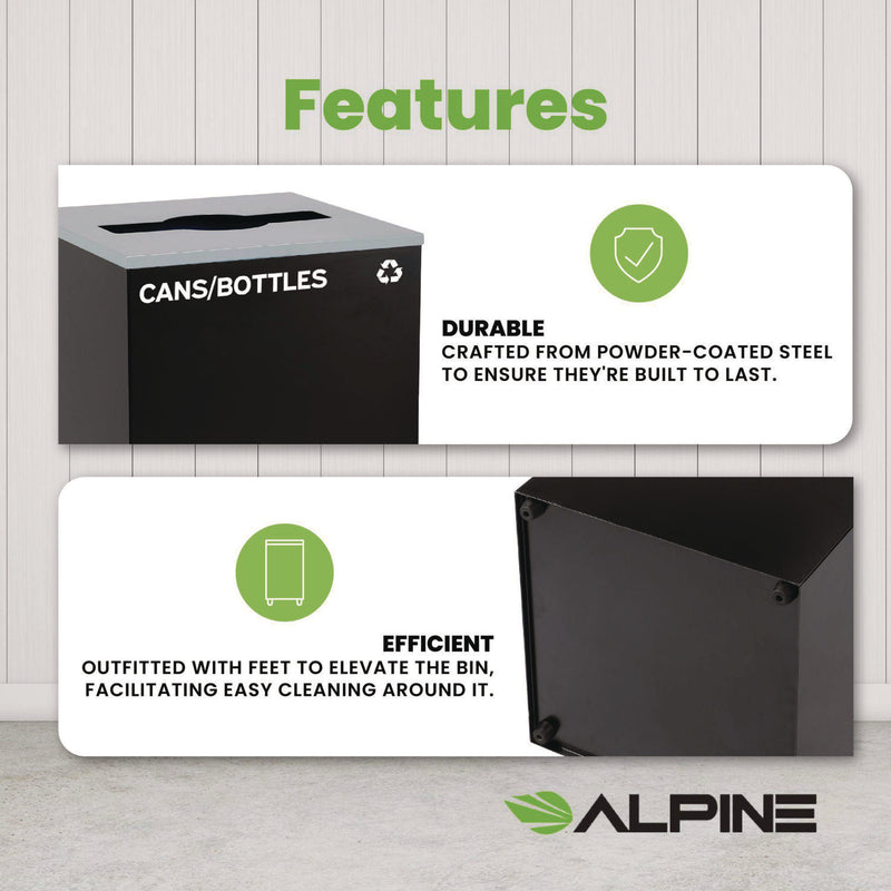 Alpine Industries 29 Gallon Trash/Recycling Cans, Steel, Black Cans/Bottles Recycling Can with Mixed Lid (ALH4450KITBLKMC) Each