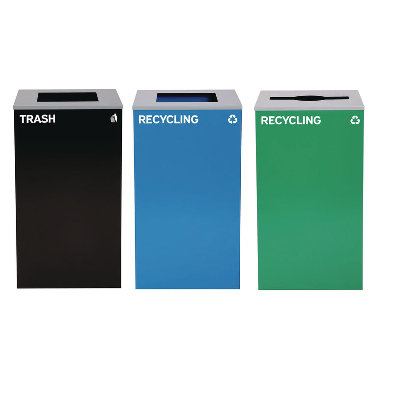 Alpine Industries 29 Gallon Trash/Recycling Cans, Steel, Blue Recycling Can and Black Trash Can w/Sq Lid, Green Recycling Can with Mixed Lid (ALH4450BLKKIT21) Each