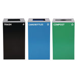 Alpine Industries 29 Gallon Trash/Recycling Cans, Steel, Blue Cans/Bottles Recycling and Black Trash Can w/Sq Lid, Green Compost Can Mixed Lid (ALH4450BLKKIT25) Each