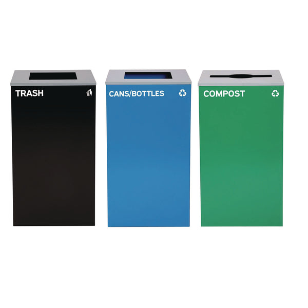 Alpine Industries 29 Gallon Trash/Recycling Cans, Steel, Blue Cans/Bottles Recycling and Black Trash Can w/Sq Lid, Green Compost Can Mixed Lid (ALH4450BLKKIT25) Each
