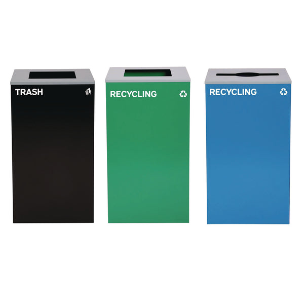 Alpine Industries 29 Gallon Trash/Recycling Cans, Steel, Blue Recycling Can w/Mixed Lid, Green Recycling Can and Black Trash Can with Sq Lid (ALH4450BLKKIT26) Each