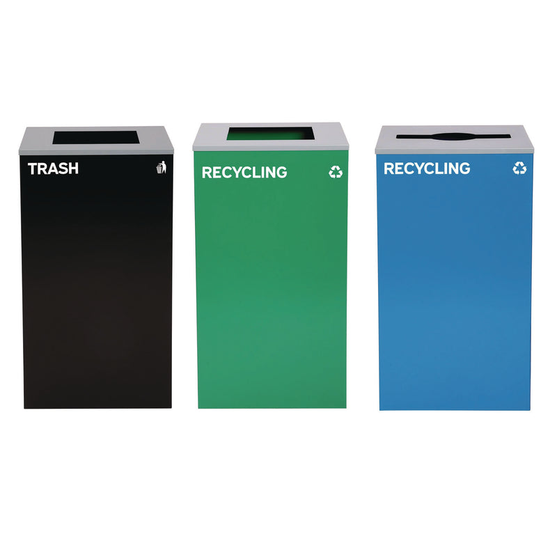 Alpine Industries 29 Gallon Trash/Recycling Cans, Steel, Blue Recycling Can w/Mixed Lid, Green Recycling Can and Black Trash Can with Sq Lid (ALH4450BLKKIT26) Each