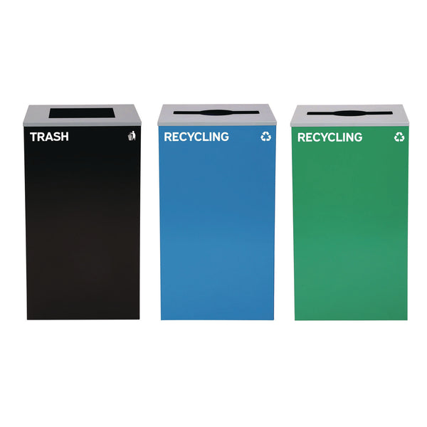 Alpine Industries 29 Gallon Trash/Recycling Cans, Steel, Blue Recycling Can and Green Recycling Can w/Mixed Lids, Black Trash Can w/Square Lid (ALH4450BLKKIT30) Each