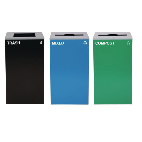 Alpine Industries 29 Gallon Trash/Recycling Cans, Steel, Blue Mixed Recycling and Green Compost Cans w/Mixed Lids, Black Trash Can w/Square Lid (ALH4450BLKKIT28) Each