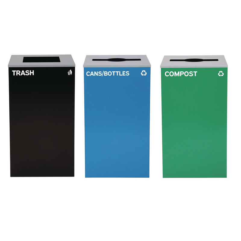 Alpine Industries 29 Gallon Trash/Recycling Cans, Steel, Blue Cans/Bottles Recycling and Green Compost Can w/Mixed Lid, Black Trash Can Sq Lid (ALH4450BLKKIT29) Each