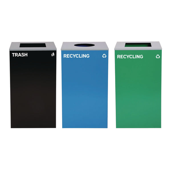 Alpine Industries 29 Gallon Trash/Recycling Cans, Steel, Blue Recycling Can w/Circle Lid, Green Recycling Can and Black Trash Can w/Square Lids (ALH4450BLKKIT35) Each
