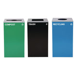 Alpine Industries 29 Gallon Trash/Recycling Cans, Steel, Blue Recycling Can w/Circle Lid, Green Compost w/Mixed Lid, Black Trash w/Square Lid (ALH4450BLKKIT36) Each