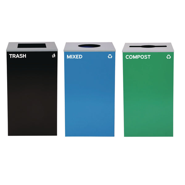 Alpine Industries 29 Gallon Trash/Recycling Cans, Steel, Blue Mixed Recycling w/Circle Lid, Green Compost w/Mixed Lid, Black Trash w/Square Lid (ALH4450BLKKIT37) Each