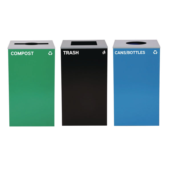Alpine Industries 29 Gallon Trash/Recycling Cans, Steel, Blue Cans/Bottles Recycling w/Circle Lid, Green Compost w/Mixed Lid, BK Trash w/Sq Lid (ALH4450BLKKIT38) Each