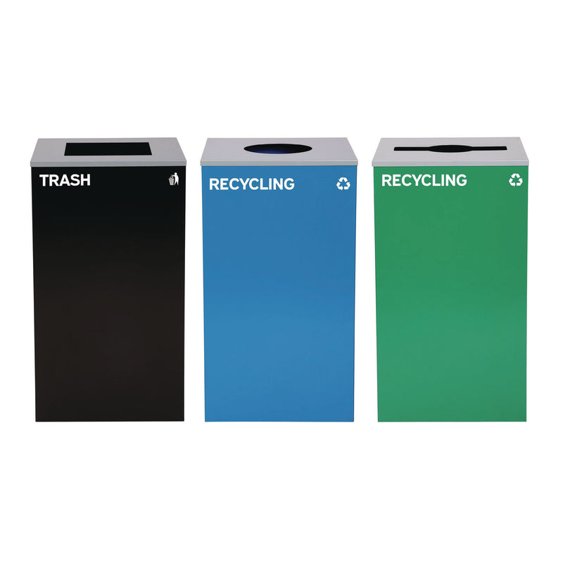Alpine Industries 29 Gallon Trash/Recycling Cans, Steel, Blue Recycling Can w/Circle Lid, Green Recycling w/Mixed Lid, Black Trash w/Square Lid (ALH4450BLKKIT39) Each