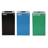 Alpine Industries 29 Gallon Trash/Recycling Cans, Steel, Blue Mixed Recycling w/Circle Lid, Green Recycling w/Mixed Lid, Black Trash w/Sq Lid (ALH4450BLKKIT40) Each
