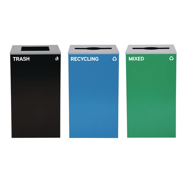Alpine Industries 29 Gallon Trash/Recycling Cans, Steel, Blue Recycling and Green Mixed Recycling Can w/Mixed Lids, Black Trash Can w/Sq Lid (ALH4450BLKKIT31) Each