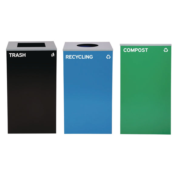 Alpine Industries 29 Gallon Trash/Recycling Cans, Steel, Blue Recycling Can w/Circle Lid, Green Compost Can and Black Trash Can w/Square Lids (ALH4450BLKKIT32) Each