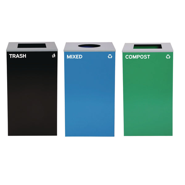 Alpine Industries 29 Gallon Trash/Recycling Cans, Steel, Blue Mixed Recycling Can w/Circle Lid, Green Compost and Black Trash Cans w/Sq Lids (ALH4450BLKKIT33) Each