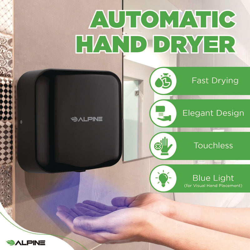 Alpine Industries Hemlock Commercial Automatic 120V Hand Dryer, 6.69 x 11.41 x 12.31, Stainless Steel, Black (ALHALP40010BLA) Each