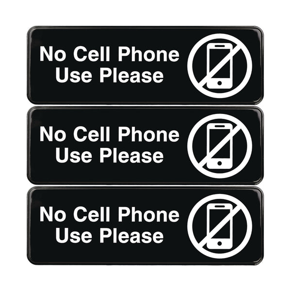 Excello Global Products® No Cell Phone Use Please Indoor/Outdoor Wall Sign, 9 x 3, Black Face, White Graphics, 3/Pack (EXOEGPHD0266S) Pack of 3