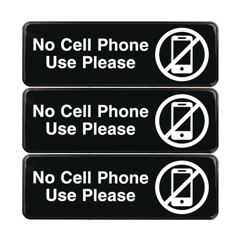 Excello Global Products® No Cell Phone Use Please Indoor/Outdoor Wall Sign, 9 x 3, Black Face, White Graphics, 3/Pack (EXOEGPHD0266S) Pack of 3