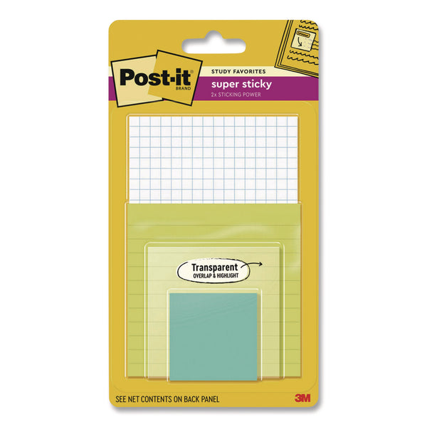 Post-it® Notes Super Sticky Pad Collection Assortment Pack with Transparent Notes, Assorted Colors/Ruling/Sizes, 4 Pads/Pack (MMM4622SSGRIDTR) Pack of 4