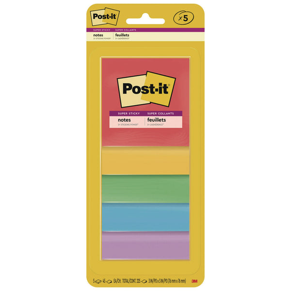 Post-it® Notes Super Sticky Pads in Playful Primary Colors, 3" x 3", 45 Sheets/Pad, 5 Pads/Pack (MMM33215SSAN) Pack of 5