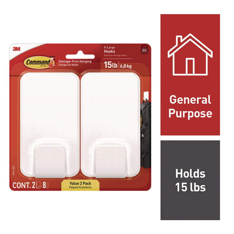 Command™ X-large Utility Hooks, Plastic, White, 15 lb Capacity, 2 Hooks and 8 Strips/Pack (MMM170112ES) Pack of 2
