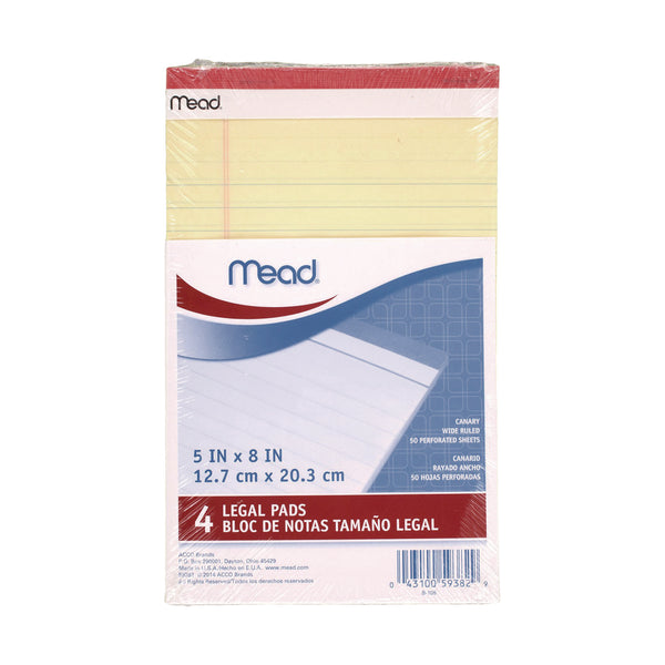 Mead® Notepad, Wide/Legal Rule, 50 Canary 5 x 8 Sheets, 4/Pack (MEA59382)