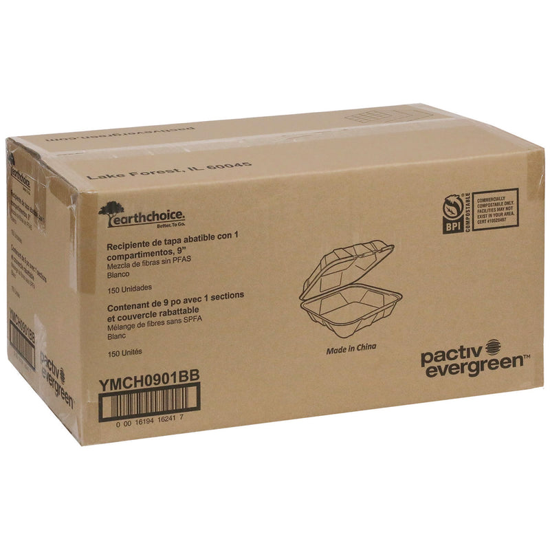 Pactiv Evergreen EarthChoice PFAS Free Compostable Hinged Lid Container, 9 x 9 x 3, White, Sugarcane, 150/Carton (PCTYMCH0901BB) Case of 150