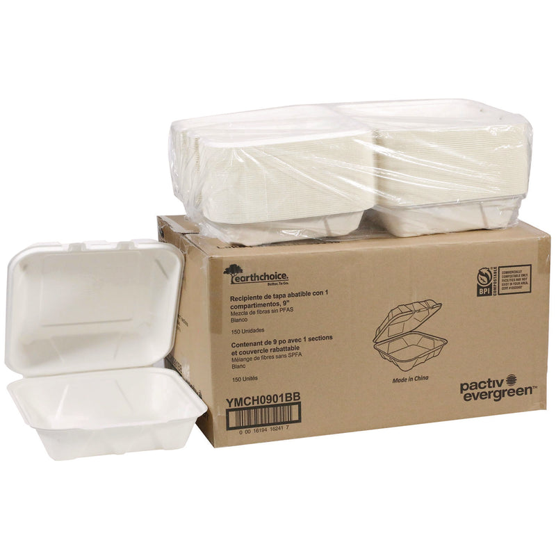 Pactiv Evergreen EarthChoice PFAS Free Compostable Hinged Lid Container, 9 x 9 x 3, White, Sugarcane, 150/Carton (PCTYMCH0901BB) Case of 150