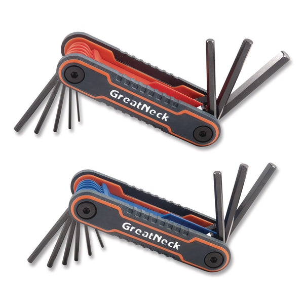 Great Neck® Hex Key Fold-Up Tool Set, Two-Piece, Metric/SAE, Black-Oxide/Blue (SAE), Black-Oxide/Red (Metric) (GNS74205) Each