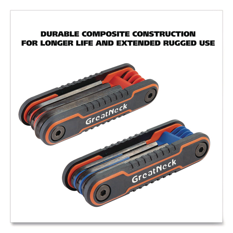 Great Neck® Hex Key Fold-Up Tool Set, Two-Piece, Metric/SAE, Black-Oxide/Blue (SAE), Black-Oxide/Red (Metric) (GNS74205) Each