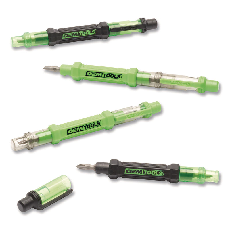 OEMTOOLS® 6-Way Pen-Style Screw/Nut Driver, Phillips/Slotted Bits, Metric Sockets, 5.38" Long, Black/Green, Green/Clear, 4/Pack (GNS22537) Pack of 4