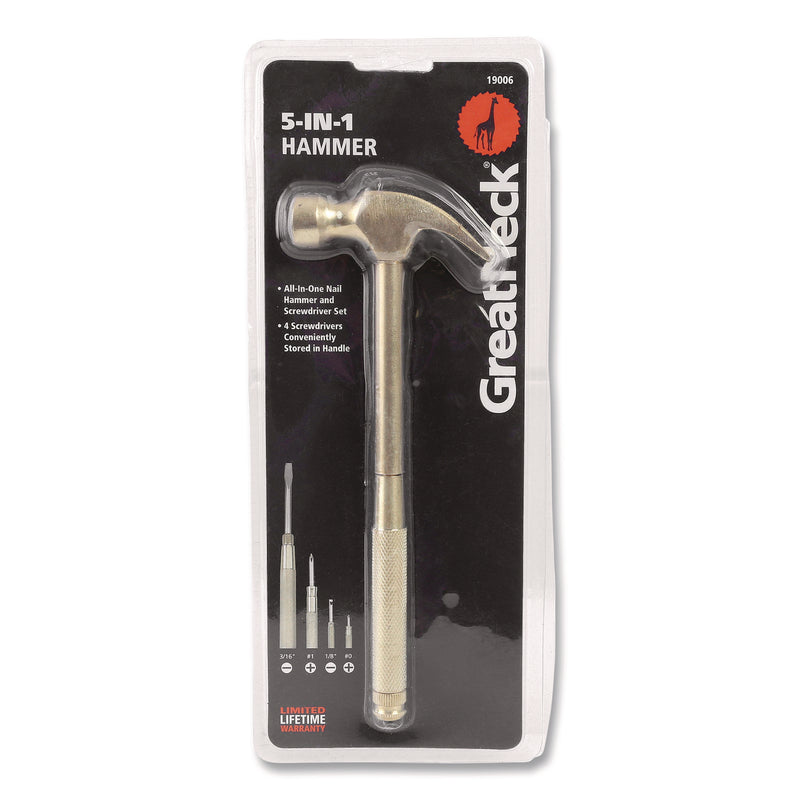 Great Neck® 5-in-1 Carpenter's Hammer with Nesting Handle Containing Four Screwdrivers, 6.5" Long Gold Handle (GNS19006) Each