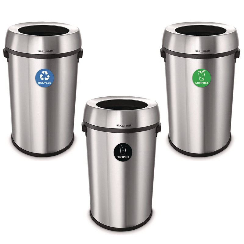 Alpine Industries 17 Gallon Stainless Steel Open Top Recycling, Trash and Compost Station (ALH47065LRTCO) Each
