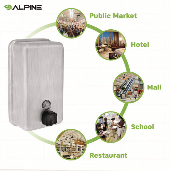 Alpine Industries Vertical Manual Surface-Mounted Stainless Steel Liquid Soap Dispenser, 40 oz, 2.8 x 4.8 x 8.1, Brushed Stainless Steel (ALHALP423SSB) Each