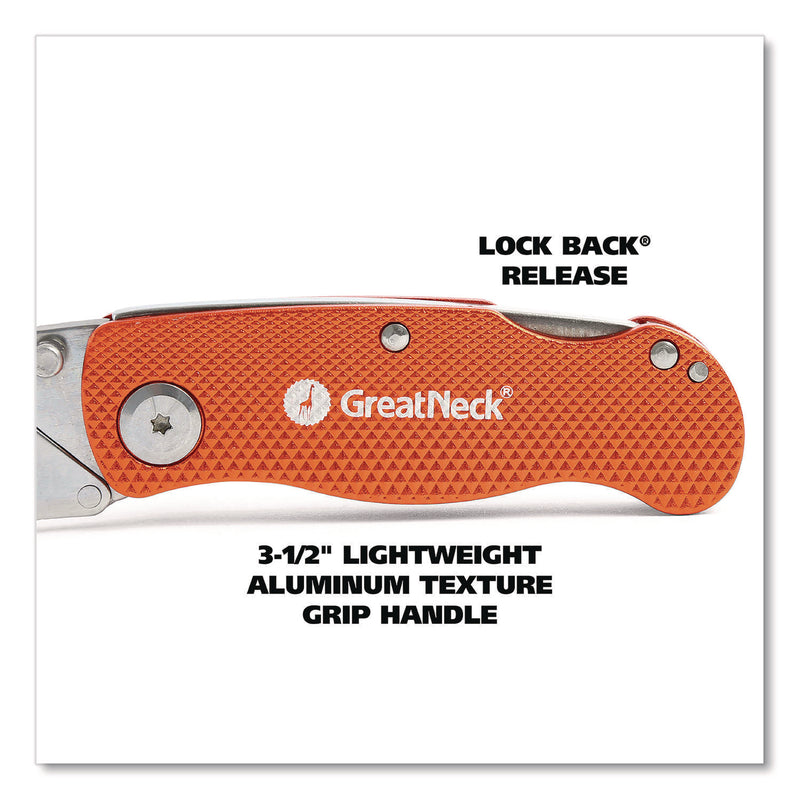 Great Neck® Quick Change Lock Back Utility Knife, 3.5" Aluminum Handle, Orange (GNS74201) Each