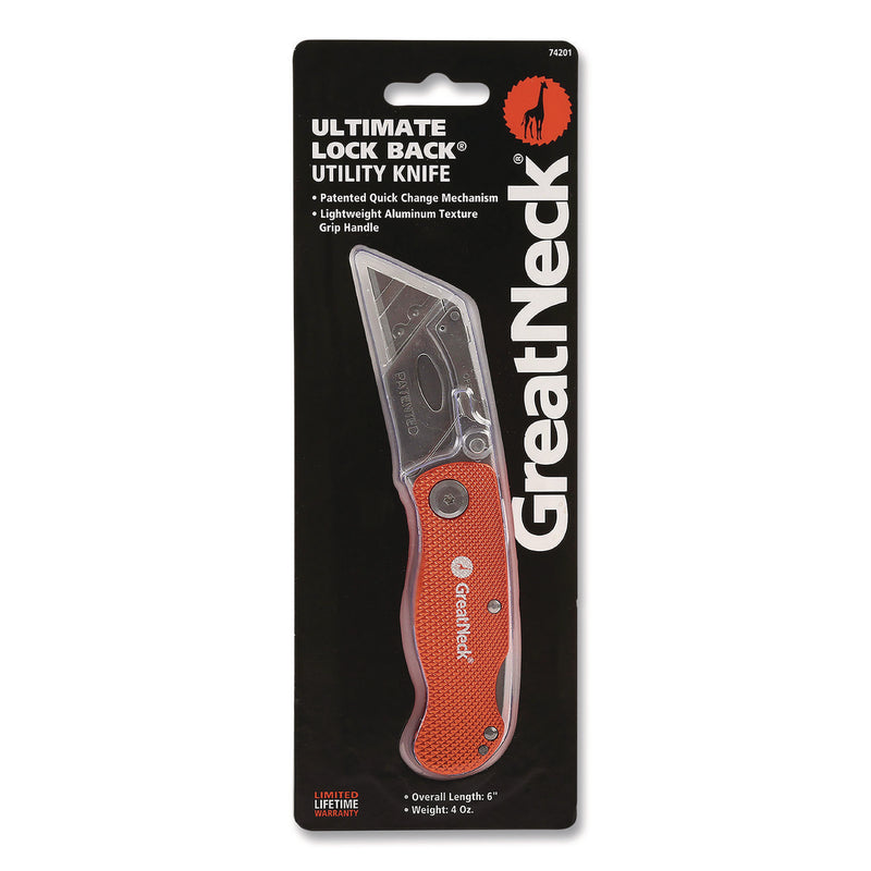 Great Neck® Quick Change Lock Back Utility Knife, 3.5" Aluminum Handle, Orange (GNS74201) Each